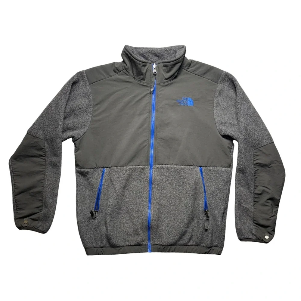 The North Face Fleece Denali Jacket Boys Youth L 14/16 Zip Up Gray Blue Polartec